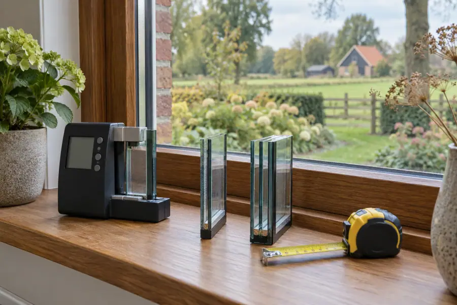 Houten raamkozijn in een woning in Hardenberg met een glasdiktemeter en meetlint op de vensterbank