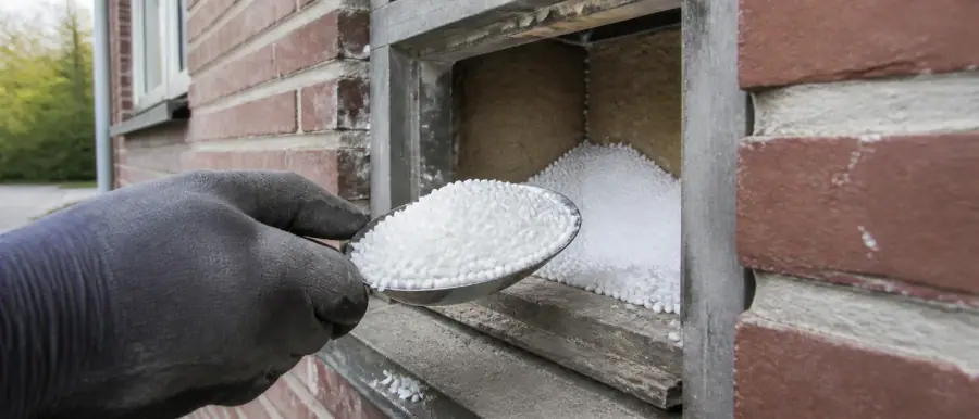 Schep witte EPS-parels voor een geopend inspectiegat in een spouwmuur