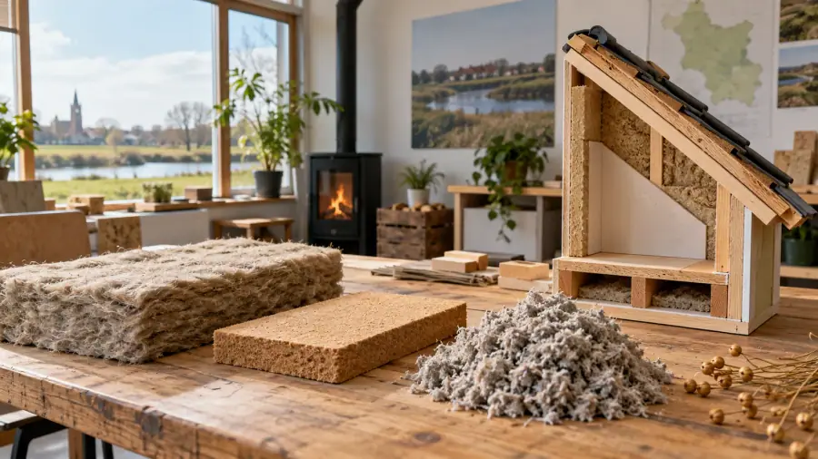 Houten werktafel met monsters van vlas, houtvezel en cellulose naast een doorsnedetekening van een dak en vloer