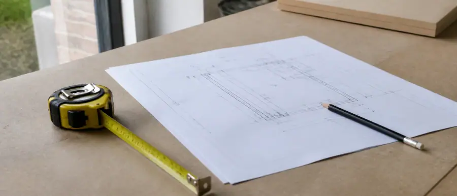 Rolmaat, potlood en een uitgeprinte bouwtekening op een werkbank