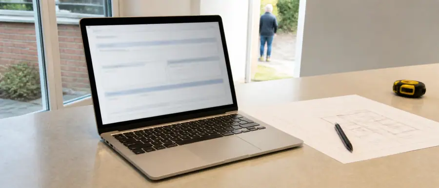 Laptop met een aanvraagformulier op een bureau, met een uitdraai en een pen ernaast